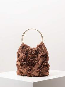 (Zufälliges Muster) Damenhandtasche, Blumenmuster, Metallring, Abendnacht, Partyoutfit, Abschlussballtasche, Abschlussballzubehör, Hochzeitsbedarf, elegante Damenbörse, Damengeschenk - Braun - Übersicht 2