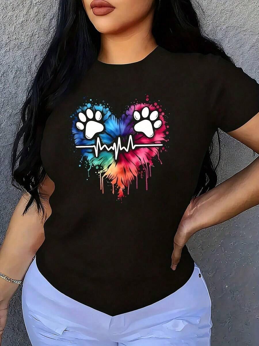 Camiseta de Talla Grande para Mujer con Estampado Geométrico de Pata y Corazón, Manga Corta, Poliéster, Cuello Redondo, Ropa Casual, 220g - Negro - Ver 1