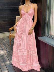 Vestido maxi con escote en V profundo, cuello halter, espalda descubierta y cintura con lazo, con lunares negros, estilo sexy y elegante europeo y americano, adecuado para primavera/verano y vacaciones en la playa - Rosa Pálido - Ver 3