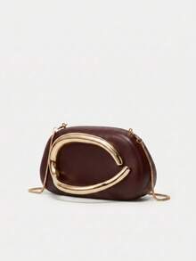 Bolso de mano tipo clutch redondo clásico, mini bolso de hombro vintage con asa y cadena de metal - Burdeos - Ver 2