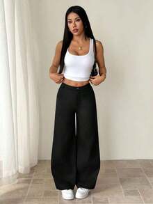 Pantalones anchos casuales y sueltos con bolsillos para mujer - Negro 4 - Ver 3