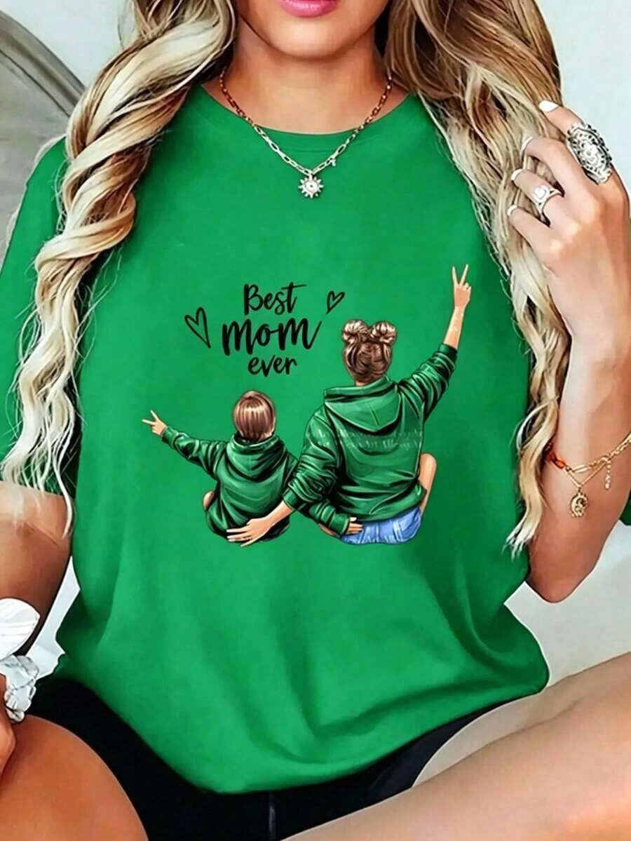 SoftT-Shirt Children's Day And Mother's Day, Mother And Son Printed T-Shirt, World's Best Mom Urban Style, Crew Neck, Loose Fit, Basic, Unisex, Breathable, Quick Dry, Versatile, Machine Washable, Comfortable, Sizes S To 2XL, Daily, Casual, Sporty, Essential, Summer, 189g, Black And White, High Quality. Breathable Cotton T-Shirt, Goes With Everything. - 綠色的 - 查看 1
