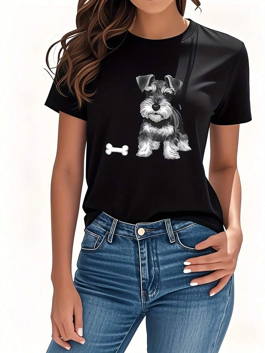Women's T-Shirt With Light Gray Mini Schnauzer Print, Featuring A Cute Dog Bone Design, Loose Round Neck, A Must-Have For Pet Lovers, Machine Washable Casual Top, Suitable For Travel, Parties And As A Gift, Exclusively For Small Dogs, Durable And Fun Style, Lightweight For Everyday Wear, Pure Cotton Women's T-Shirt With Print. - 黑色 - 查看 1