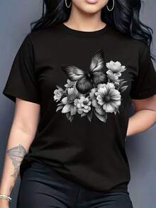 Women's Casual Short-Sleeved Round Neck T-Shirt With Bright Floral And Butterfly Print, Made Of Lightweight And Soft Fabric, Suitable For Outdoor And Indoor Use, Gift, Gift For Women, Birthday Gift, Gift For Friends, Gift For Sisters, Holiday Gift, Pure Cotton Printed T-Shirt For Women. - 黑色 - 查看 7