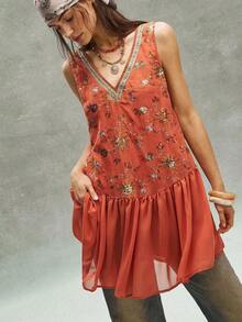 Vestido sin mangas con bordado de lentejuelas para vacaciones casual - Naranja Quemada - Ver 3
