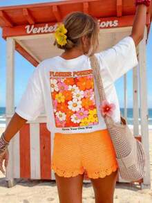 Short-Sleeved T-Shirt With Floral Print, Casual White Summer Holiday Wear, Women's Oversized Vintage Graphic T-Shirt Cotton - 白色的 - 查看 2