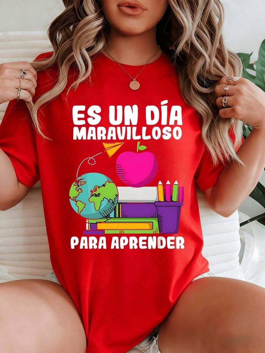 The Print Features Symbols Of Knowledge Such As A Globe, Books, Pencils, And An Apple, Inspiring A Love Of Learning Every Day. This Comfortable And Stylish 100% Cotton Women's T-Shirt Is A Vintage Oversized Graphic Tee. - 紅色的 - 查看 1
