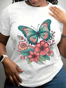 Camiseta de manga corta con cuello redondo y estampado para mujer. Perfecto para citas, desplazamientos diarios y salidas informales. Diseño clásico minimalista de cuello redondo, fácil de combinar y adecuado para todas las formas de cuerpo. - Blanco - Ver 1