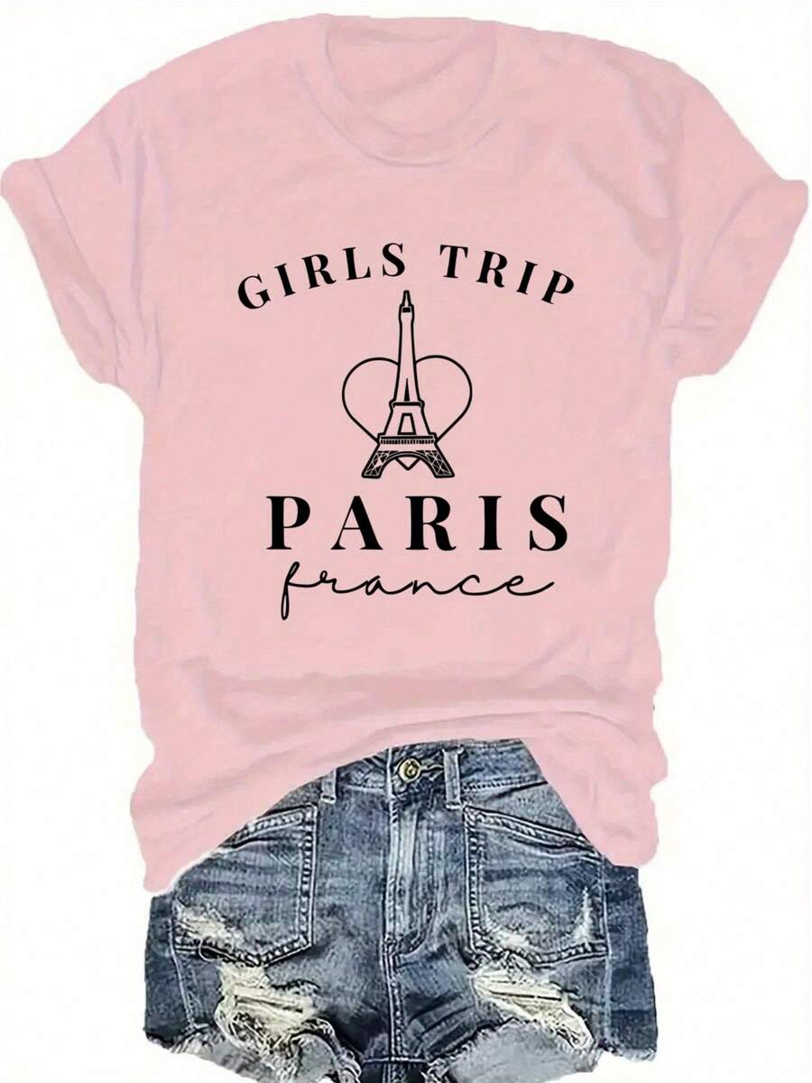 Top Casual de Talla Grande con Mangas Cortas y Estampado de Letras, Adecuado para Verano y Primavera, Ropa de Talla Grande para Mujer. - Rosa - Ver 1