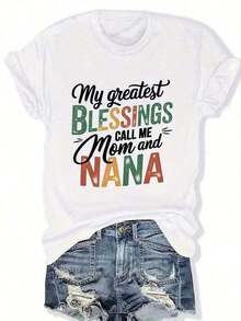 1 Plus Size Printed T-Shirt For Mother's Day - Women's Plus Size Short Sleeve Crew Neck T-Shirt, Pink Geometric Print With "My Greatest Blessings Are Mom And Grandma", Soft And Comfortable, Washable, All Seasons, Casual Style, Suitable For Daily Wear And Parties. 100% Cotton, 180g. - 白色 - 查看 6