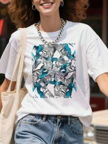 1 pieza Camiseta de punto de manga corta con cuello redondo, diseño de arte abstracto moderno en azul pico realce y blanco, holgada, 100% algodón, 180g. - Blanco - Ver 1