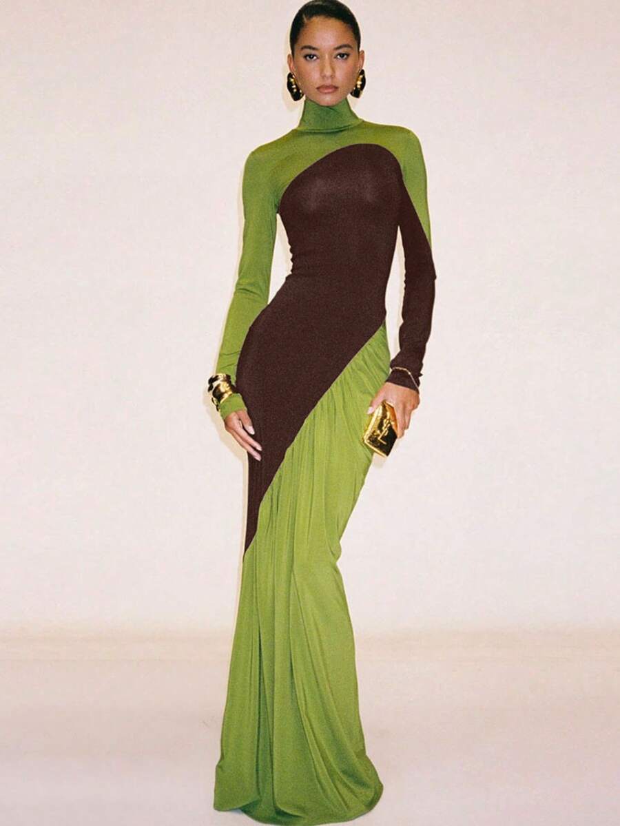 Vestido ajustado de cintura alta en combinación de colores, moderno y creativo para la calle - Verde - Ver 1