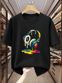 Camiseta de Algodón 100% para Hombres Talla Grande con Gráfico de Auriculares - Cuello Redondo, Manga Corta, Casual para Verano, Cómoda y Transpirable con Diseño de Onda de Sonido y Auriculares (Lavable a Máquina), TALLA GRANDE - Negro - Ver 2