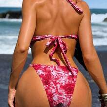 Traje de baño de una pieza para mujer con estampado tie-dye aleatorio, sexy, con escote halter cruzado, calado y aros de soporte - Multicolor - Ver 3