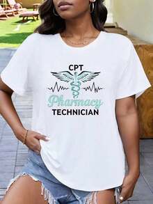 Camiseta de Talla Grande para Mujer con Estampado de Farmacéutica - Manga Corta Casual con Diseño de Bastón de Serpiente, Top Beige Adecuado para Uso Diario, Uso en Todas las Estaciones |   Ropa Casual Estampada |   Camisa Texturizada Brillante, Camiseta de Mujer, Corte Holgado, Tela Suave, Material Cómodo, Camisa Estampada, Ropa de Trabajo - Blanco - Ver 1