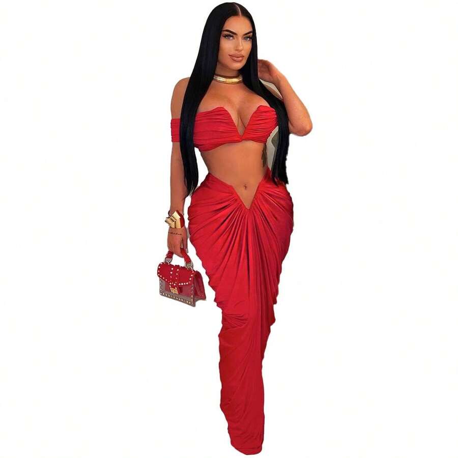 S10642 Sexy European And American Style Sleeveless Strapless Elastic Tight-Fitting Floor-Length Pleated Skirt Two-Piece Set - Đỏ - Xem 1