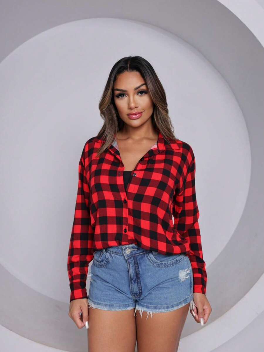 Women's Checkered Shirt In Crepe Fabric – Comfort And Style (Sizes M To XXL) - 紅色和黑色 - 查看 1
