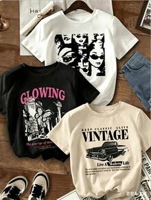 Prenda individual, no un conjunto de 3 piezas,de 1 camiseta de manga corta para mujer de estilo retro americano, con estampados de nombres de ciudades, suave al tacto, cómoda y versátil. Elige 1 de 3 modelos. Ideal para Pascua y Semana Santa. - Blanco - Ver 1