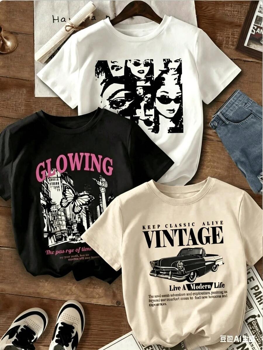Prenda individual, no un conjunto de 3 piezas,de 1 camiseta de manga corta para mujer de estilo retro americano, con estampados de nombres de ciudades, suave al tacto, cómoda y versátil. Elige 1 de 3 modelos. Ideal para Pascua y Semana Santa. - Blanco - Ver 1