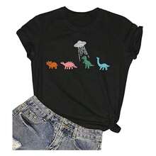 1 pieza de camiseta de dinosaurio para mujer, con un lindo diseño de dinosaurio, divertido estampado de animales, camiseta de manga corta, top de vacaciones, camiseta de moda para mujer, súper suave y transpirable, de algodón. |   Ajuste cómodo, estilo versátil para el día a día, adecuado para todas las estaciones. 180g 100% algodón, los diseños están impresos. Unisexo. - Negro - Ver 7