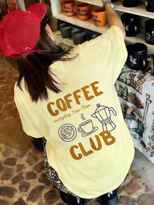 1 Piece Summer Short-Sleeved Crew Neck T-Shirt With Pink Heart And Coffee Cup Print, English Text, Loose And Comfortable Fit, Ideal For Coffee Lovers, Suitable For Summer, Beach, Street, Daily Wear, Work, Office Party, Going Out, Festival, Music Festival, Valentine's Day, Party - 黃色 - 查看 5