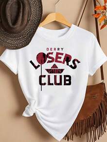 Camiseta con Estampado Gráfico de Losers Club Derry| Camiseta Casual de Manga Corta y Cuello Redondo para Primavera y Verano, Ropa de Mujer Y2k - Negro - Ver 10