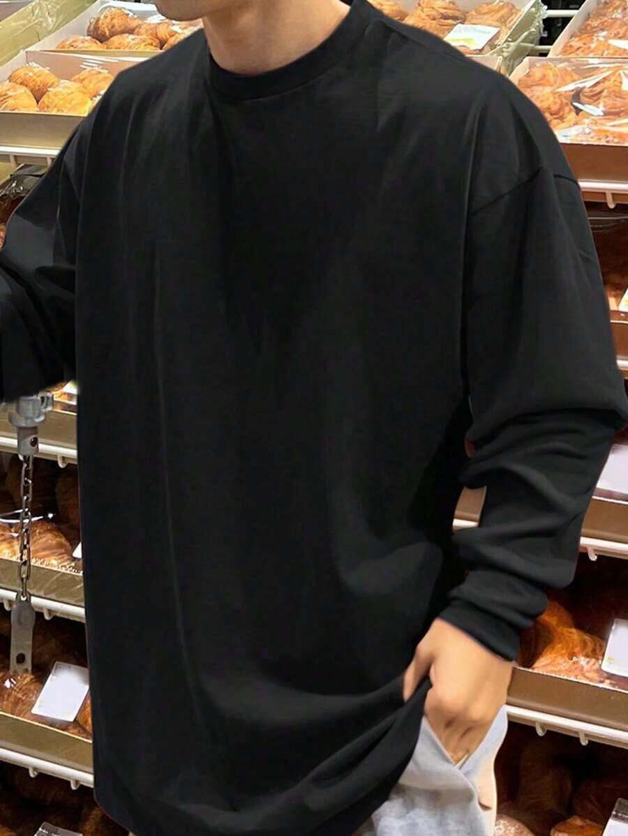 Camiseta de algodón para hombre con hombro caído sólido y sin diseño - Negro - Ver 1
