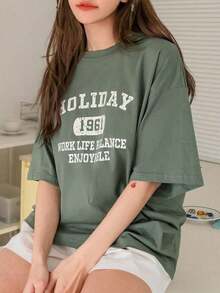Camiseta de verano oversize con gráfico de letras y hombros caídos - Verde Oscuro - Ver 8