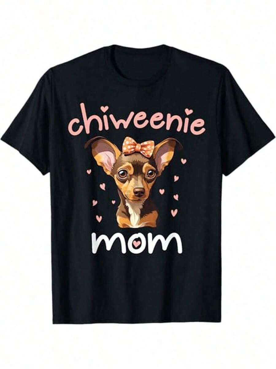 Algodón Camiseta De Algodón Para Mamá Chiweenie, Cuello Redondo Informal, Tejido De Punto Ligero Y Elástico Para Todo Tipo De Clima, Corte Regular, Estampada Para Amantes De Los Perros Adultos, Regalo Perfecto Para El Día De La Madre. % Algodón.-Vintage Street Style Unisex Loose Cotton Short Sleeve Crew Neck T-Shirtblusas para mujer, playeras de mujer,blusas casuales para dama, - Negro - Ver 1