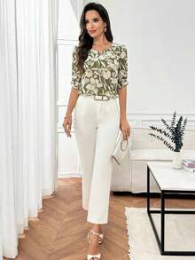 Camisa de mujer con cuello en V y estampado floral, de uso casual y versátil para el día a día - Multicolor - Ver 7