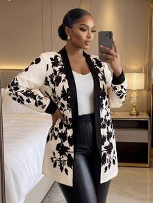 SHEIN Lady CURVE Áo khoác mỏng màu mơ hở phía trước, dáng rộng, thời trang cỡ lớn, in họa tiết vị trí màu đen, thích hợp mặc đi làm hàng ngày, mùa thu, mùa đông 2025 mới, mùa thu - Màu be - Xem 3