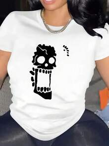 Camiseta deportiva holgada de manga corta y cuello redondo para mujer con diseño de calavera sorprendida - Blanco - Ver 7