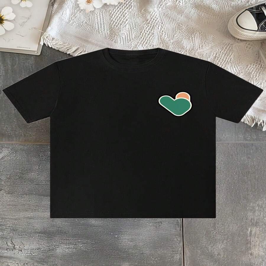 Women's Black Cotton Round Neck T-Shirt With Cute Green Heart Design, Short Sleeve Casual Top, High Stretch Fabric - 黑色 - 查看 1