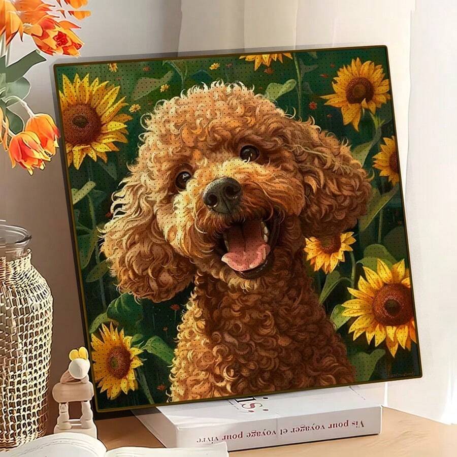 1幅全新5D圆形亚克力钻石画,图案为可爱的贵宾犬和向日葵,手工马赛克艺术品,适合家居墙面装饰,增添艺术氛围,也是送给女友、父母、朋友表达温暖的贴心礼物,不含画框 - 圓鑽 - 查看 1