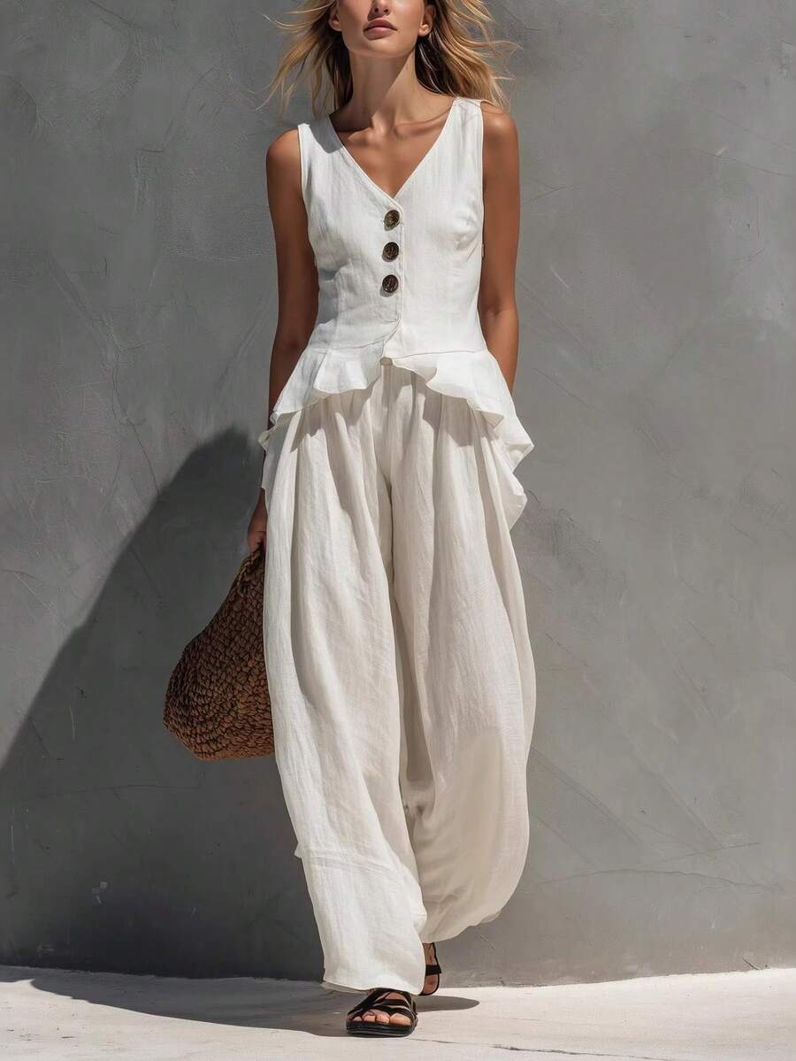 Conjunto de lino nuevo para primavera-verano, estilo casual y de oficina, chaleco de botonadura delantera y cuello V, diseño favorecedor, perfecto para looks de día y transición estacional - Blanco - Ver 1
