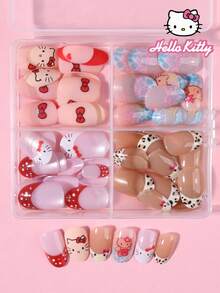 SANRIO 96片装（4种不同款式/盒）三丽鸥Hello Kitty短椭圆法式美甲贴纸，包含可爱的3D Hello Kitty、豹纹、波点、蝴蝶结、花朵、海豚和爱心图案，以及水晶猫眼设计，粉嫩少女风，完美适配亚克力美甲套装，内含1瓶果冻胶和1把指甲锉，适合女性日常派对使用。 - 彩色 - 查看 5
