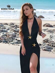 Traje de baño de una pieza con decoración de estrella de mar y falda pareo con abertura alta, diseño elegante para mujeres, adecuado para vacaciones de verano en la playa, color blanco - Negro - Ver 5