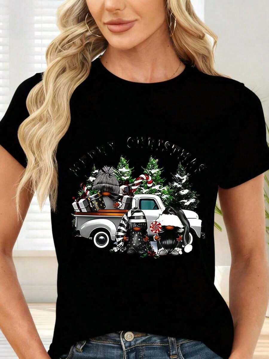 Gift Black Short Sleeve T-Shirt With Christmas Truck And Merry Christmas Print - Ideal For Parties And Winter Season. Suitable For Everyday, Casual Situations And Versatile To Combine. Soft - 黑色 - 查看 1