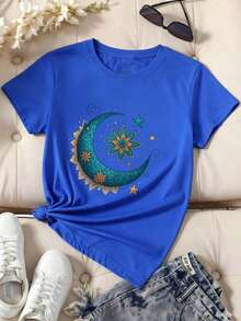 Minimalista |     1 Playera para Mujer 100% Algodón Transpirable | Camisetas estampadas para mujer, camisetas navideñas para mujer, camiseta gráfica con diseño de estrella, mandala y luna, manga corta, cuello redondo, corte casual, blusa elástica, ajuste cómodo, camisetas de algodón, camisetas para mujer – un gran regalo para familiares, amigos, novios y novias, ropa de invierno para mujer, ideal para el verano. Camiseta de Mujer de Color Sólido Simple, Corte Holgado y Ajustado, Casual de Manga Corta - Azul - Ver 3