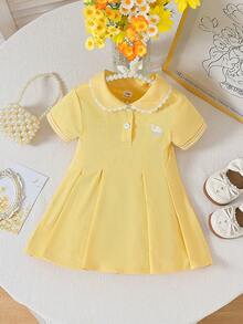 Baby Girl Casual Ribbed Fabric Collar With Ruffle Trim, Camel Embroidery Ruched Dress, Comfortable Summer Outfit For Daily & Outdoor Wear - Yellow - View 1