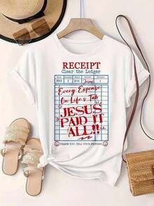 Women's Casual Short Sleeve T-Shirt - Summer Crew Neck T-Shirt With "Receipt Clear The Ledger Jesus Paid It All" Print, Machine Washable, Ladies' T-Shirts, Casual Wear, Modern Style, Comfortable Fit

-White - 白色 - 查看 2