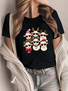 Women's Short Sleeve T-Shirt - "Cute Sheep Squad" Sheep Print, Soft And Breathable Casual Top For All Seasons, Ideal For Christmas And Everyday Wear, Machine Washable (White Base) - 黑色 - 查看 5