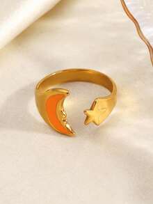 1pc 18K Gold Plated Stainless Steel Star & Moon Open Ring, Suitable For Women's Daily Wear And Parties - Multicolor - View 5