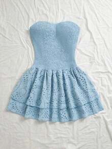 Vestido azul marino con cintura ceñida, plisado, sin tirantes, sexy, calado, con bordado y dobladillo fruncido, estilo vacaciones - Celeste - Ver 3
