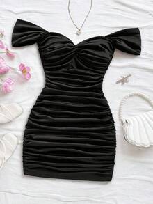 Vestido mini ajustado de punto rojo con hombros descubiertos para mujer, diseño con espalda calada, adecuado para vacaciones, citas, té de la tarde, temporada de bodas, playa, crucero, vacaciones en la ciudad, vacaciones bohemias, festivales de - Negro - Ver 1
