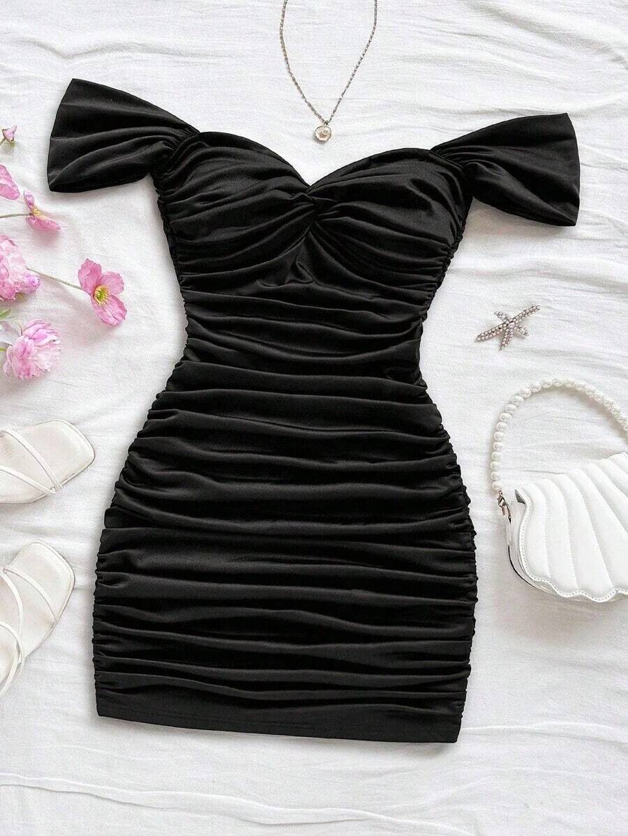 Vestido mini ajustado de punto rojo con hombros descubiertos para mujer, diseño con espalda calada, adecuado para vacaciones, citas, té de la tarde, temporada de bodas, playa, crucero, vacaciones en la ciudad, vacaciones bohemias, festivales de - Negro - Ver 1