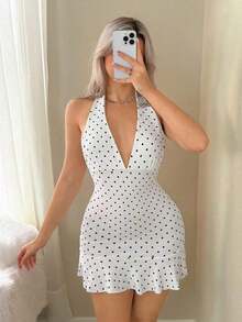 Vestido mini casual, de vacaciones, de estilo retro, con escote en V profundo y estampado de lunares blanco y negro - Blanco - Ver 4
