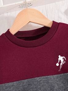 Tween Boy Cartoon Pattern Color Block Warm Crew Neck Sweatshirt And Pants Set - Burgundy - View 4
