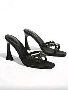 10 cm Sandales à talons hauts ornées de cristaux noirs, nouveauté été 2026 Talons hauts sexy à brides croisées, talons aiguilles élégants et à la mode pour soirée, robe de cérémonie - Noir - Voir 1