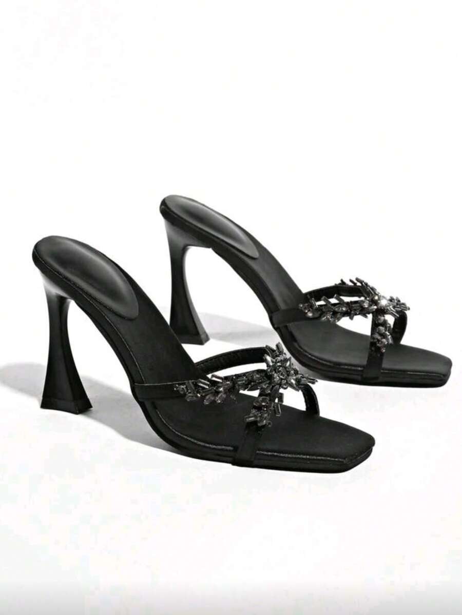10 cm Sandales à talons hauts ornées de cristaux noirs, nouveauté été 2026 Talons hauts sexy à brides croisées, talons aiguilles élégants et à la mode pour soirée, robe de cérémonie - Noir - Voir 1